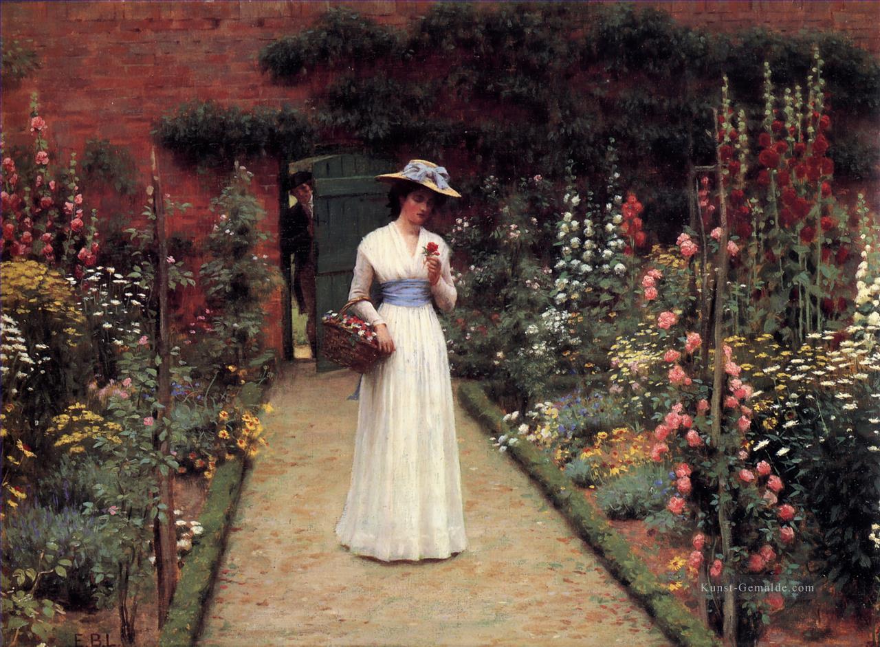 Dame in einem Garten historischen Regency Edmund Leighton Ölgemälde